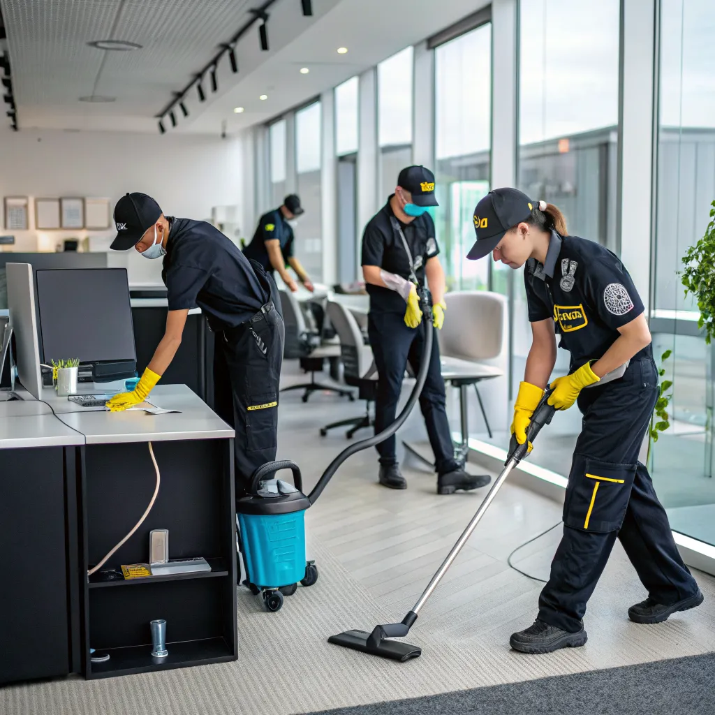 Professional commercial cleaning team in modern office